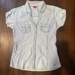 Guess Light Blue Short Sleeve Button-Front Denim-Style Top